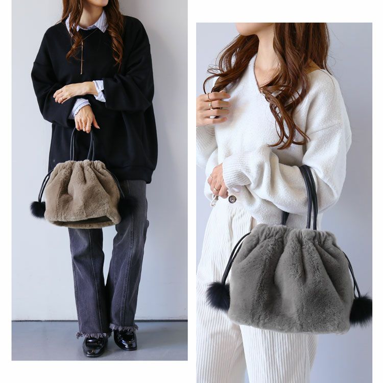 レッキスファー 巾着バッグ フォックスポンポン付き レディース