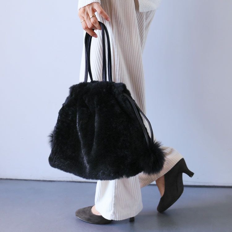 レッキスファー 巾着バッグ フォックスポンポン付き レディース