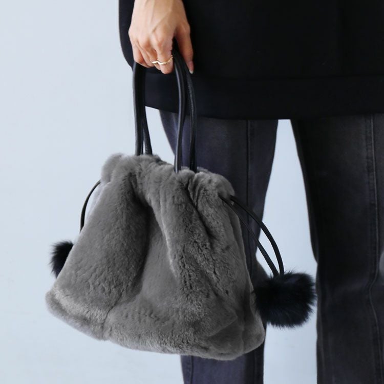 レッキスファー 巾着バッグ フォックスポンポン付き レディース