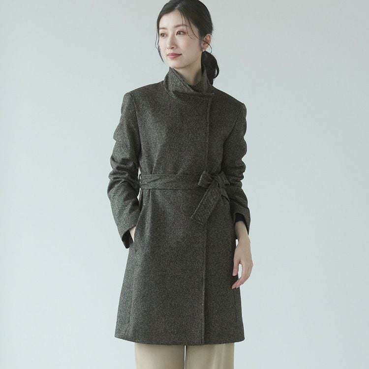 カシミヤ100％ ツイード スタンドカラー ロングコート 着丈87cm ZF