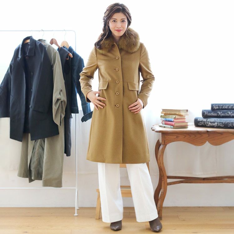 カシミヤ 100% コート レディース ファー 襟付き フォックス 着丈95cm