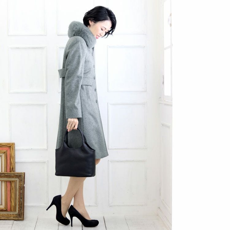 カシミヤ 100% コート レディース ファー 襟付き フォックス 着丈95cm