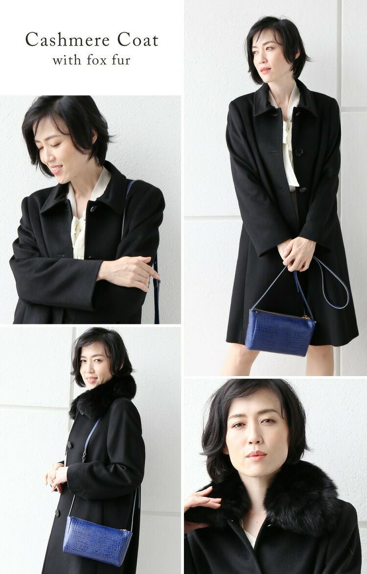 カシミヤ 100% ステンカラー ロングコート フォックスファー付き 着丈