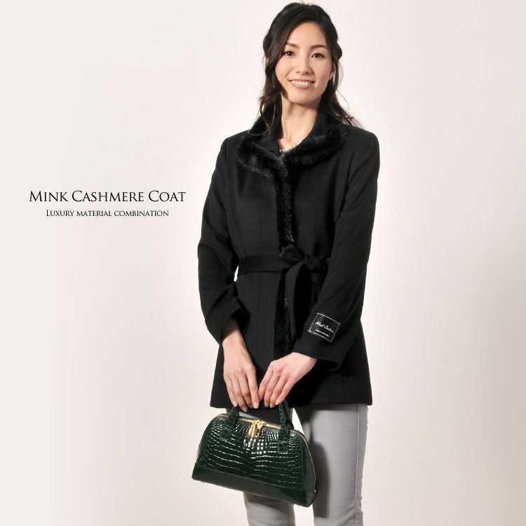 ミンク カシミヤ コート ミンク トリミング スタンドカラー 着丈72cm