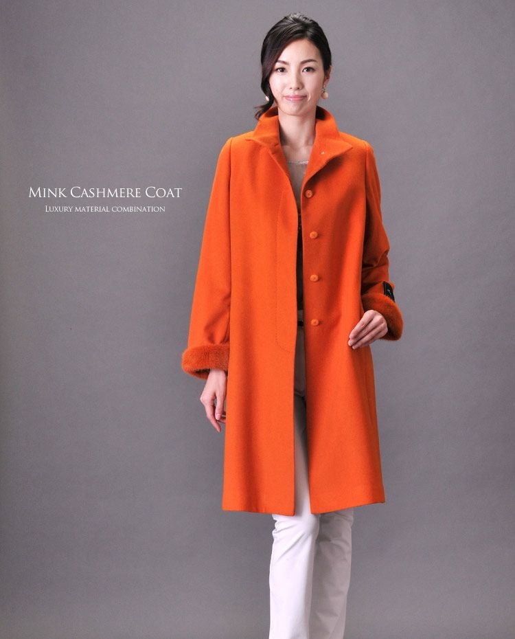 ミンク カシミヤ ロング コート ミンク トリミング スタンドカラー