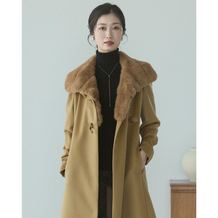 内モンゴル産 カシミヤ 100％ ロングコート ミンク襟 レディース 6F
