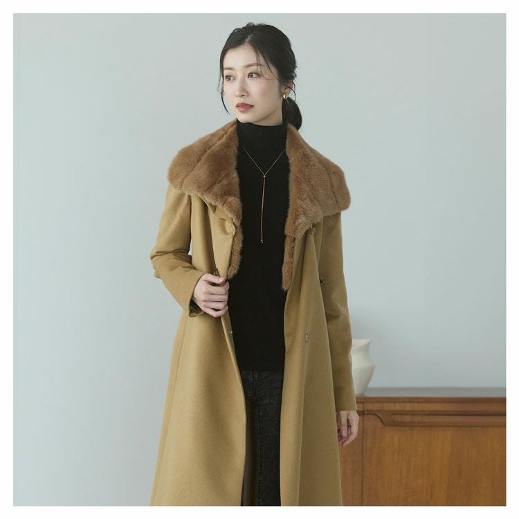 内モンゴル産 カシミヤ 100％ ロングコート ミンク襟 レディース 6F