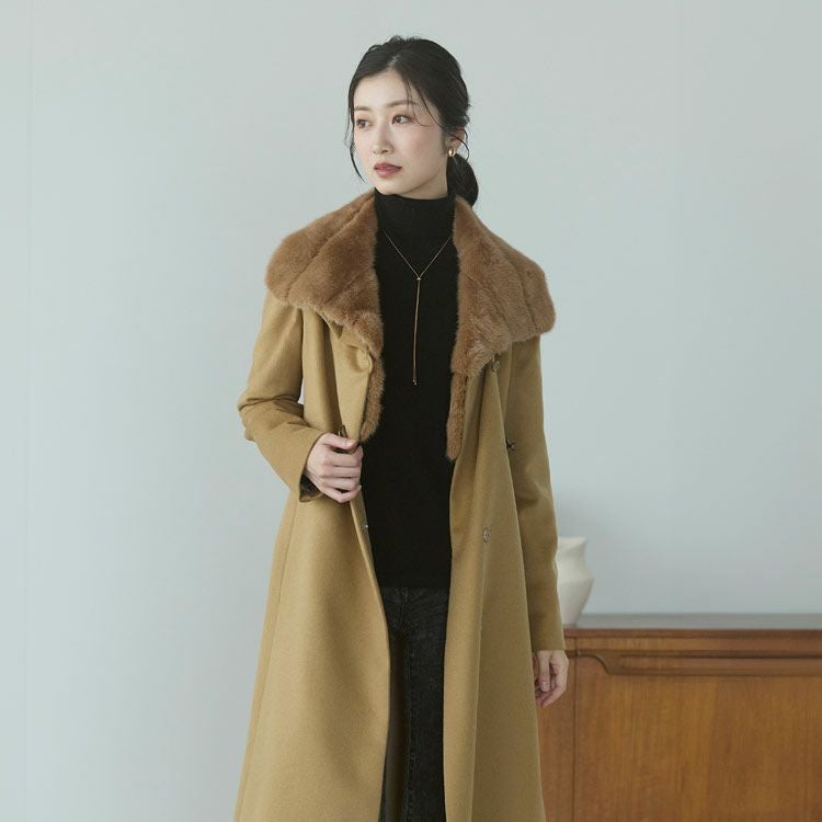 内モンゴル産 カシミヤ 100％ ロングコート ミンク襟 レディース 6F