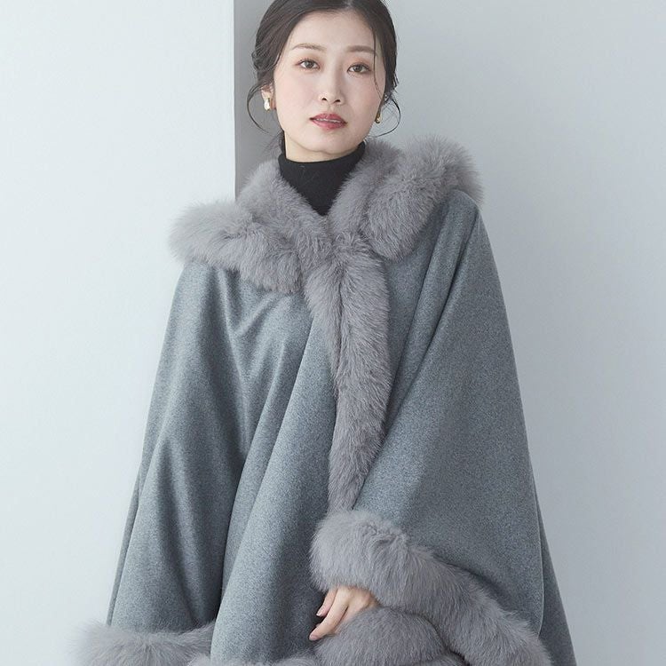 カシミヤ ケープ レディース マント フォックスファー カシミヤ100