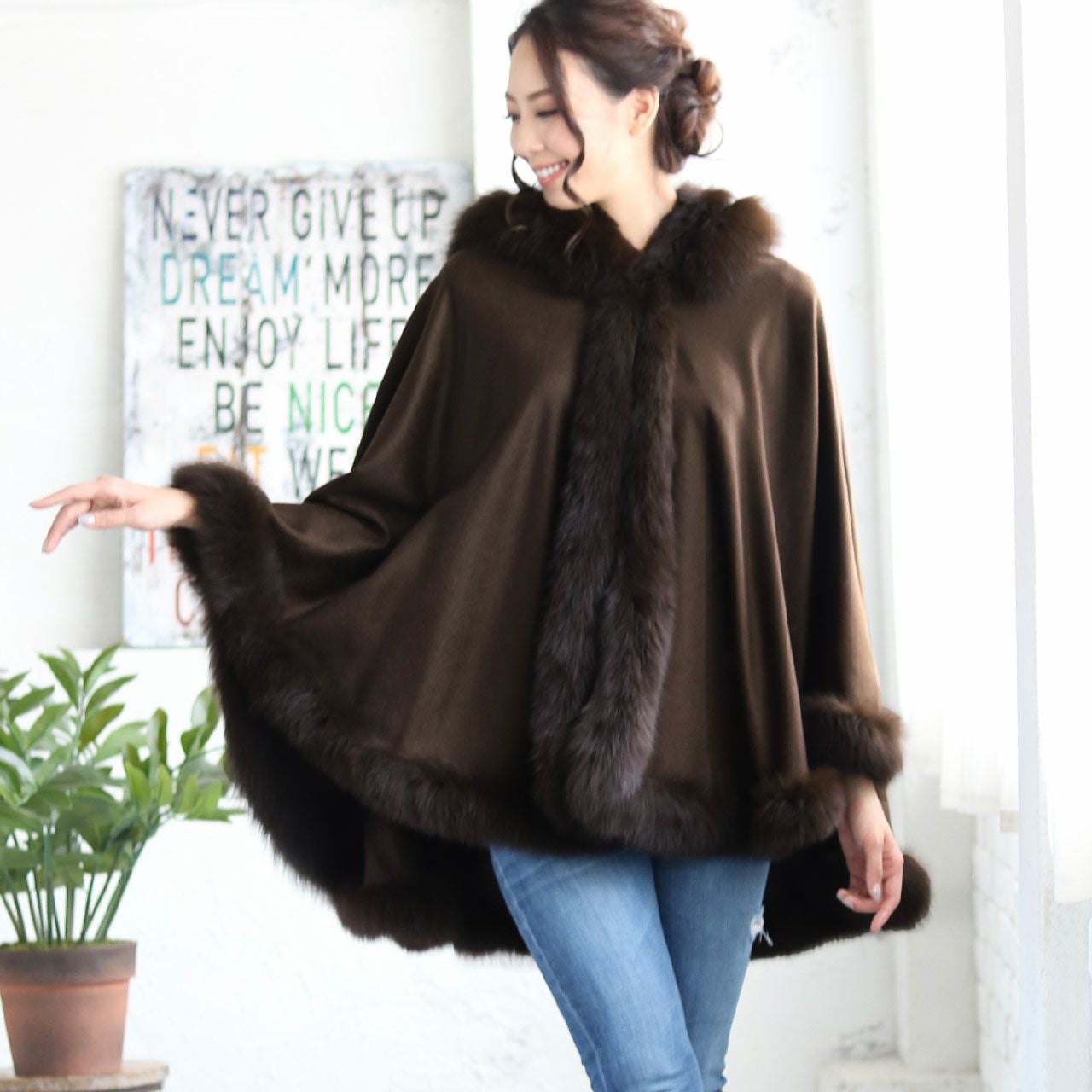 カシミヤ ケープ レディース マント フォックスファー カシミヤ100