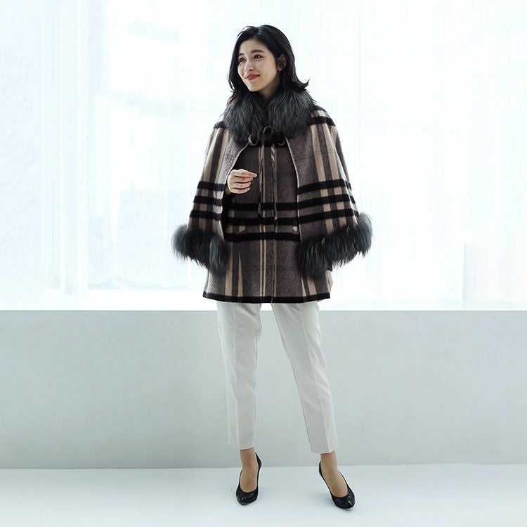 カシミヤ ケープ コート タータン チェック シルバー フォックス