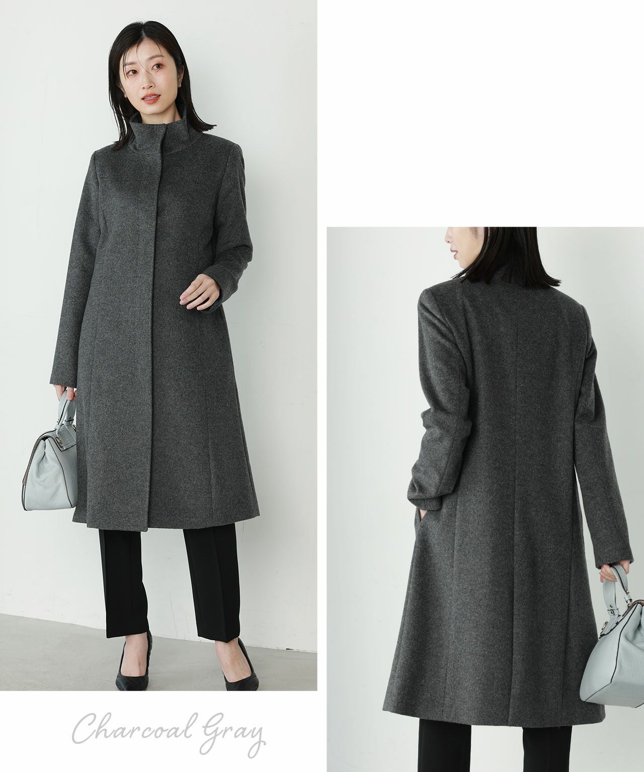 レディース ロング コート スタンドカラー カシミヤ ブレンド ウール