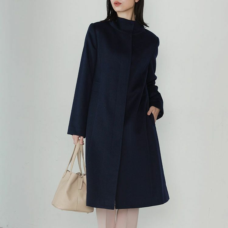 レディース ロング コート スタンドカラー カシミヤ ブレンド ウール