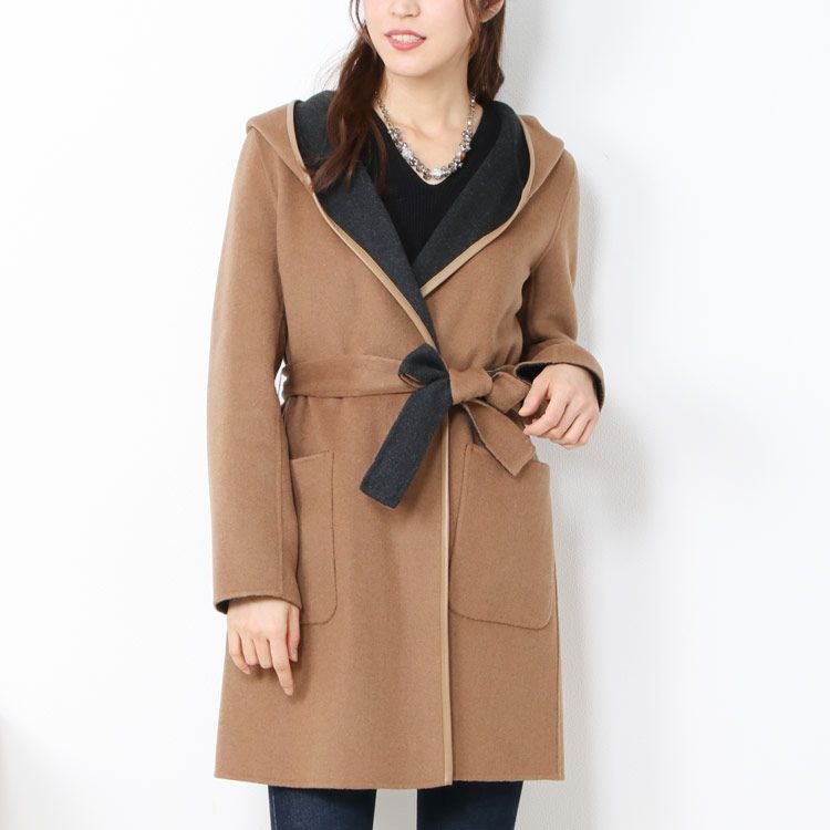 カシミヤ混 ＆ ウール 一枚仕立て コート ラム パイピング フード付き