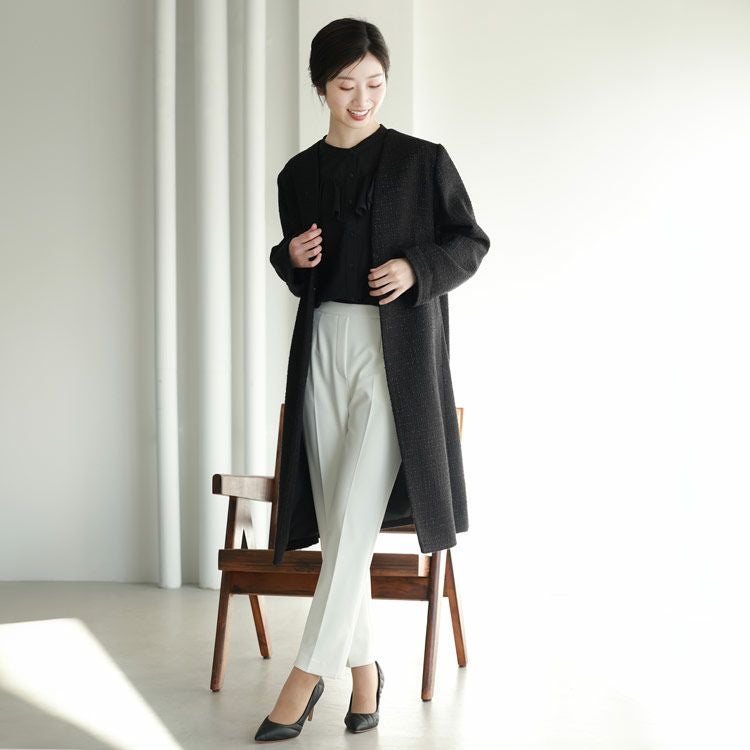 美品　ラメツイードノーカラーロングジャケット　大きいサイズ　コート　高級感　XL ノーカラー コート レディース Vネック J-white ブラック ラメ