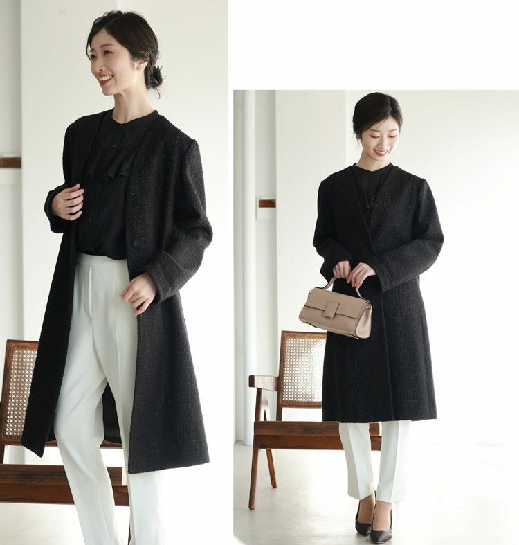 BEAMS LIGHTS Women’s ラメツイード ノーカラーコート ノーカラー コート レディース Vネック J-white ブラック ラメ