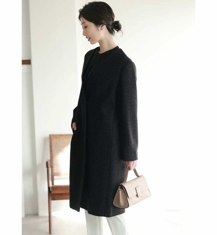 ノーカラー コート レディース Vネック J-white ブラック ラメ