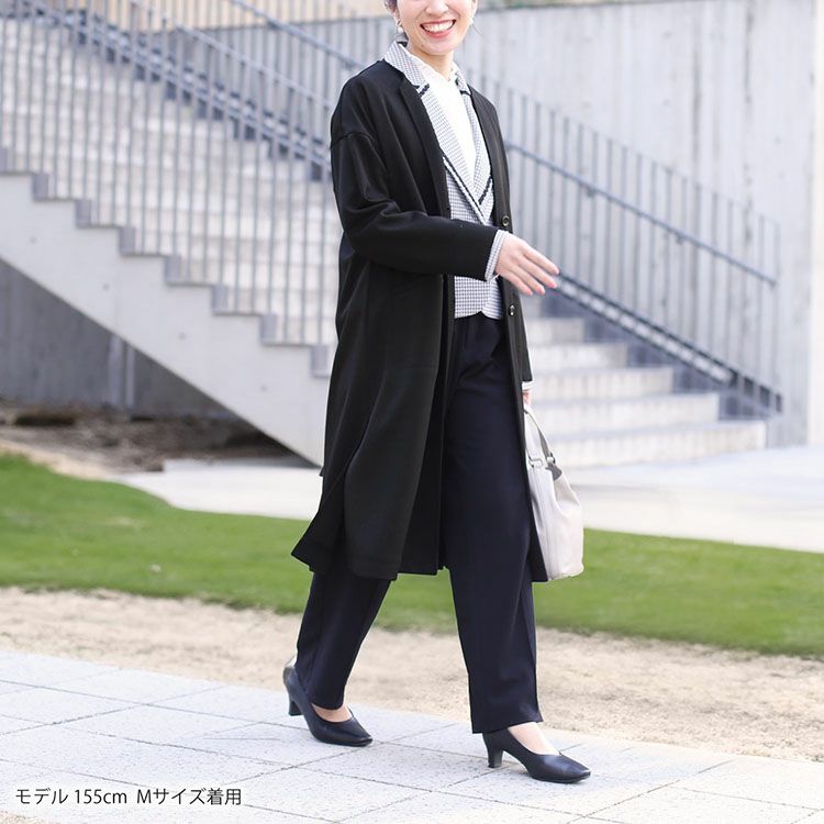 ノーカラー ストレッチ ロングコート レディース ブラック 卒業式 卒園