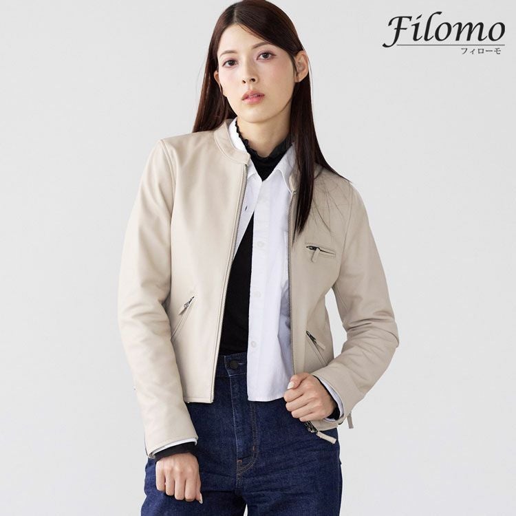 Filomo/フィローモラムライダースジャケットシングルナッパ加工レディース秋冬グレージュ/ペールブルー/ブラウン/ブラック