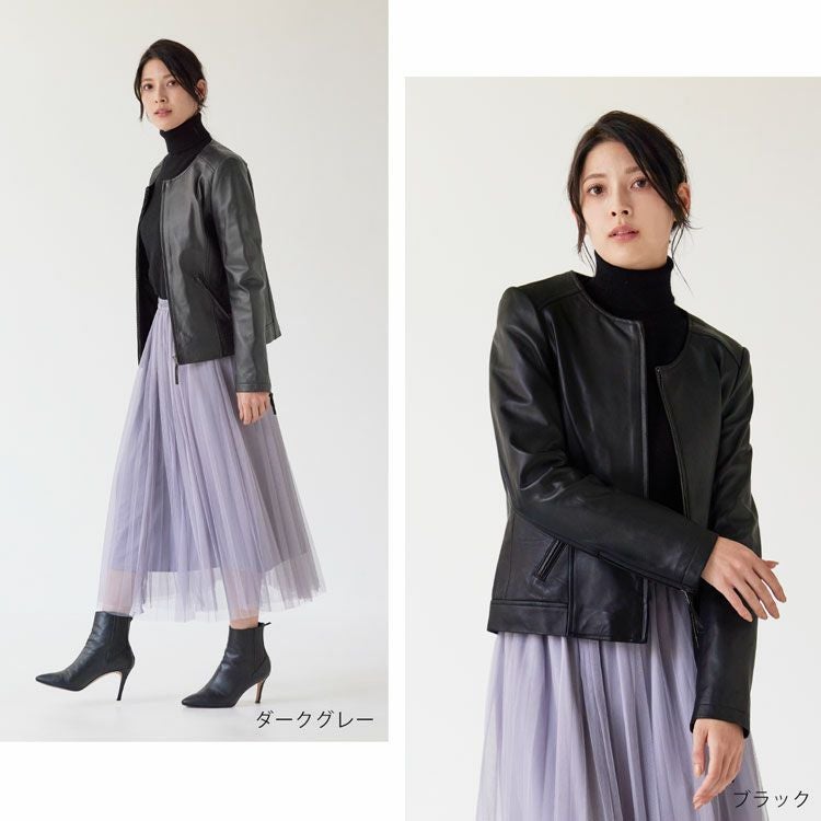 レザージャケット レディース ノーカラー ラム ナッパ 本革 ジャケット