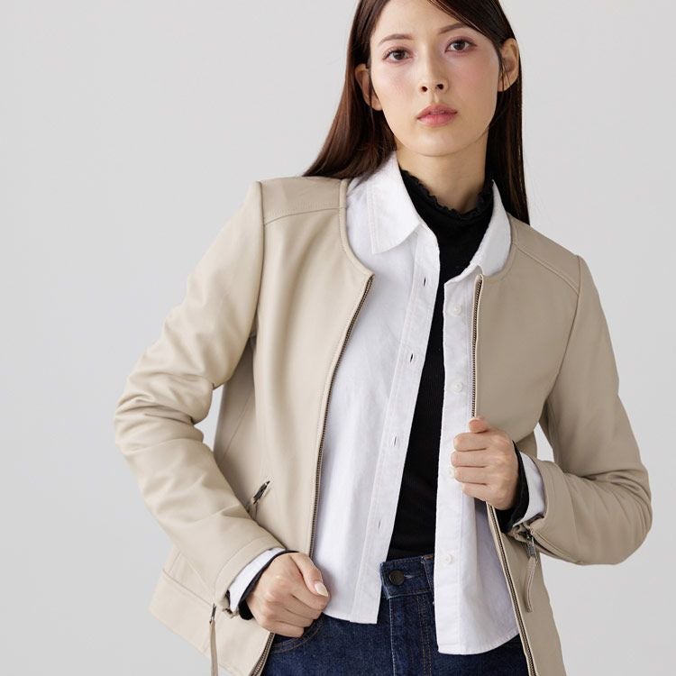 レザージャケット レディース ノーカラー ラム ナッパ 本革 ジャケット