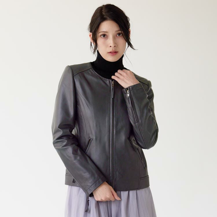 レザージャケット レディース ノーカラー ラム ナッパ 本革 ジャケット