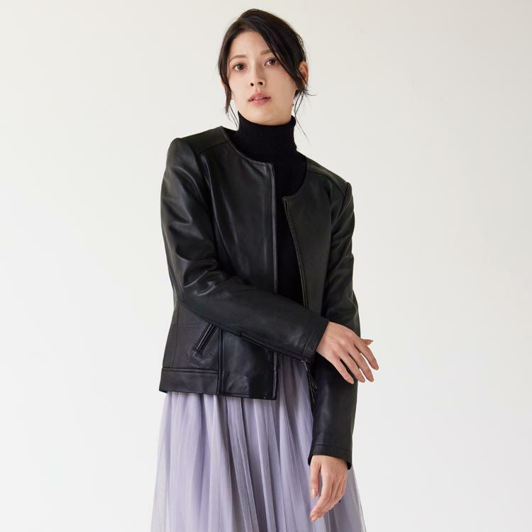 レザージャケット レディース ノーカラー ラム ナッパ 本革 ジャケット