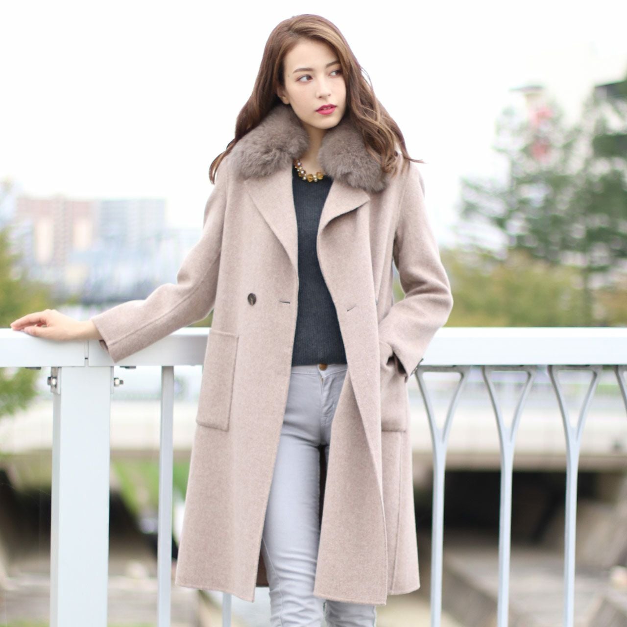 ウールコート テーラードカラー 取り外し可能ファー付き 6F