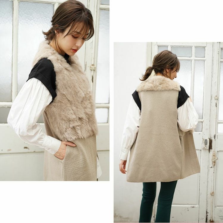 ラビット ファー トリミング ニット ロング ベスト レディース Filomo 6F ラビット ファー トリミング ニット ロング ベスト レディース Filomo 6F