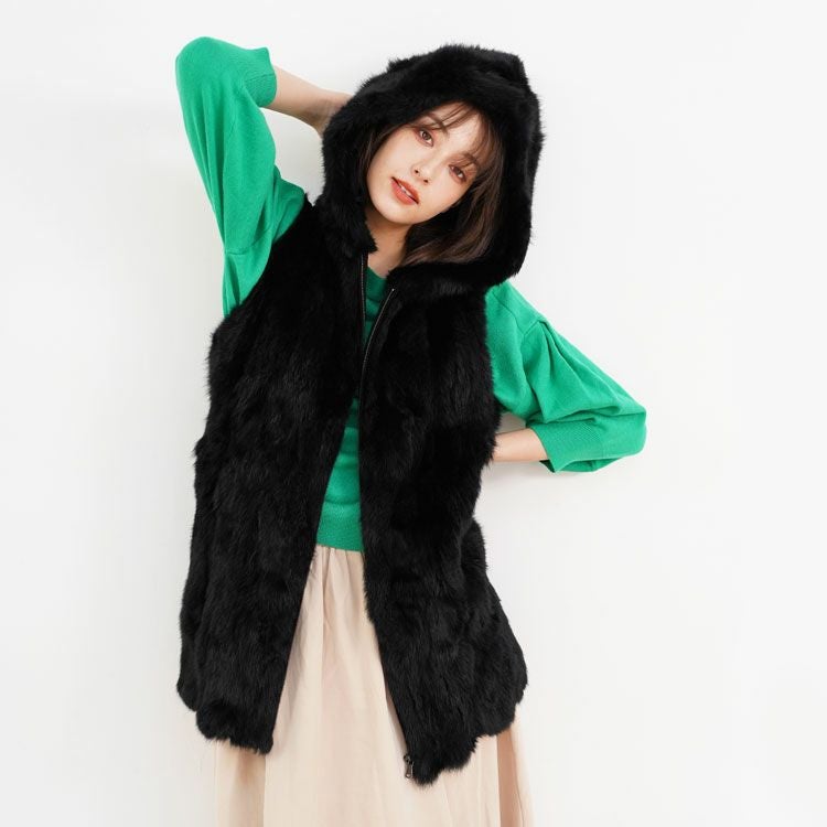 ラビット ファー ニット ベスト レディース 秋冬 フード付き Filomo