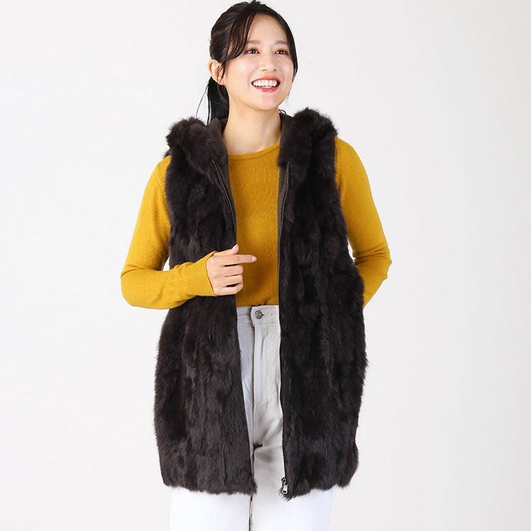 ラビット ファー ニット ベスト レディース 秋冬 フード付き Filomo