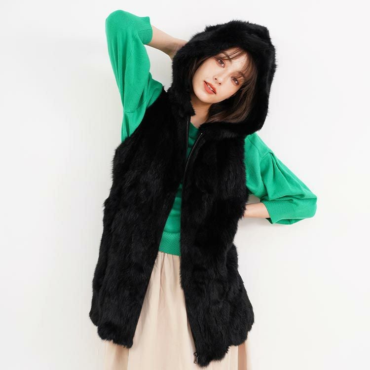 ラビット ファー ニット ベスト レディース 秋冬 フード付き Filomo