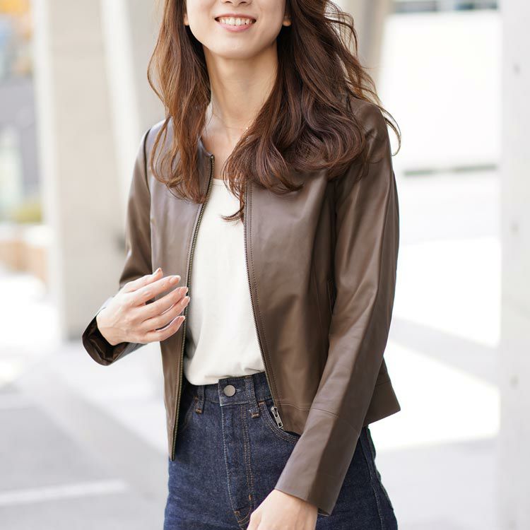 レザージャケット レディース ノーカラー 本革 ラム シンプル ショート