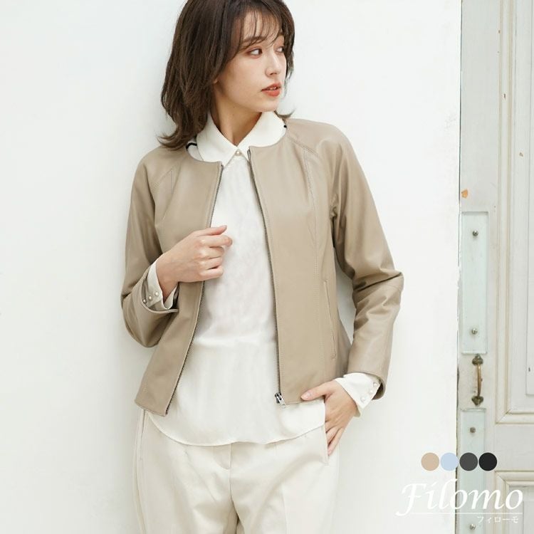 レザー ジャケット レディース Filomo ラムレザー 本革 ノーカラー