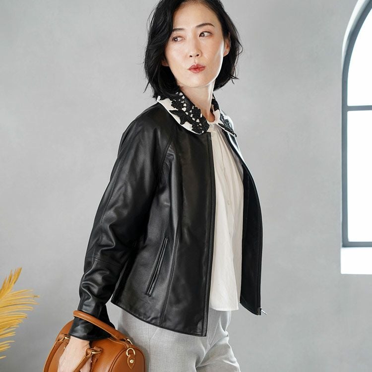 レザー ジャケット レディース Filomo ラムレザー 本革 ノーカラー