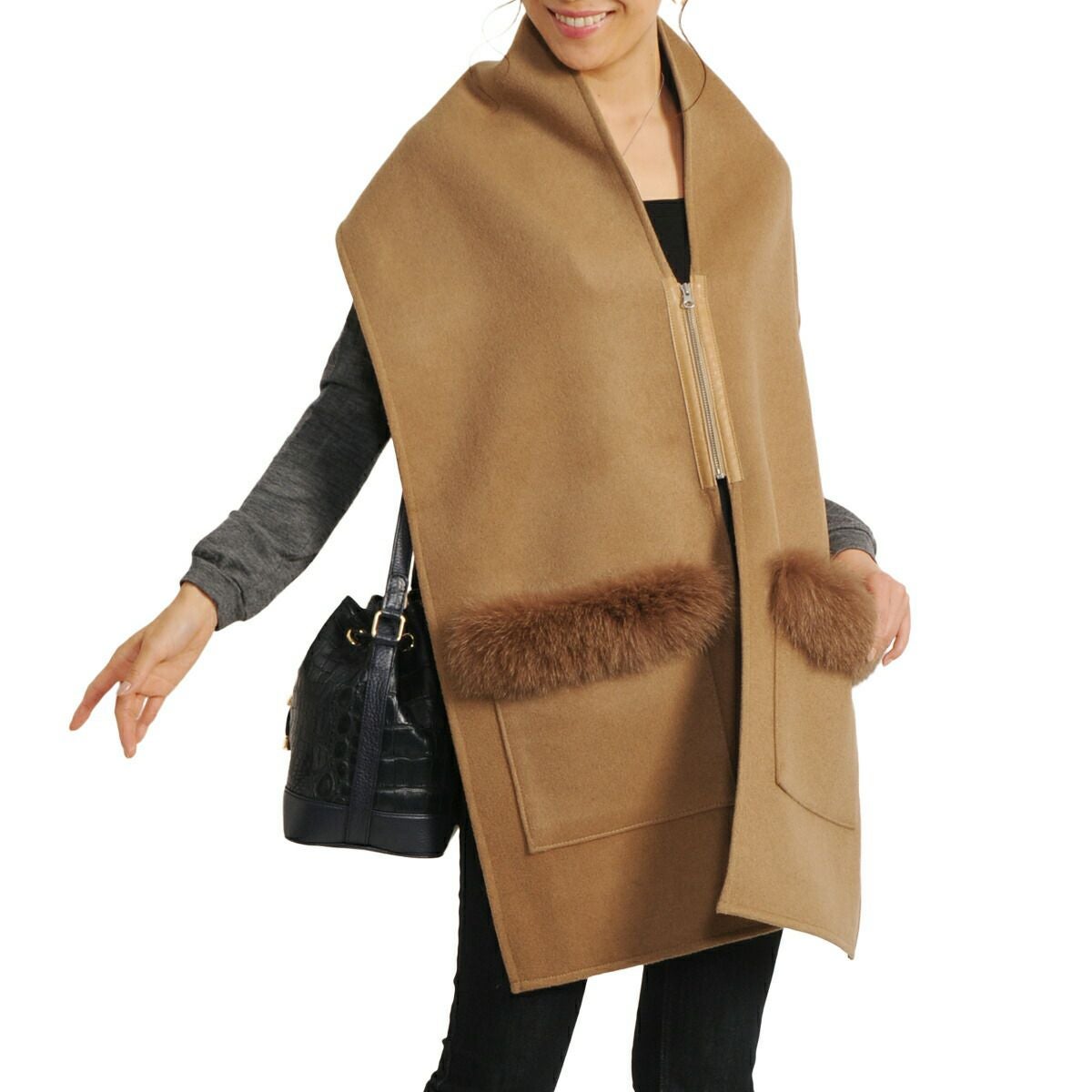 ランバン☆フォックスファー付き 大判ストール カシミヤ/シルク 新品