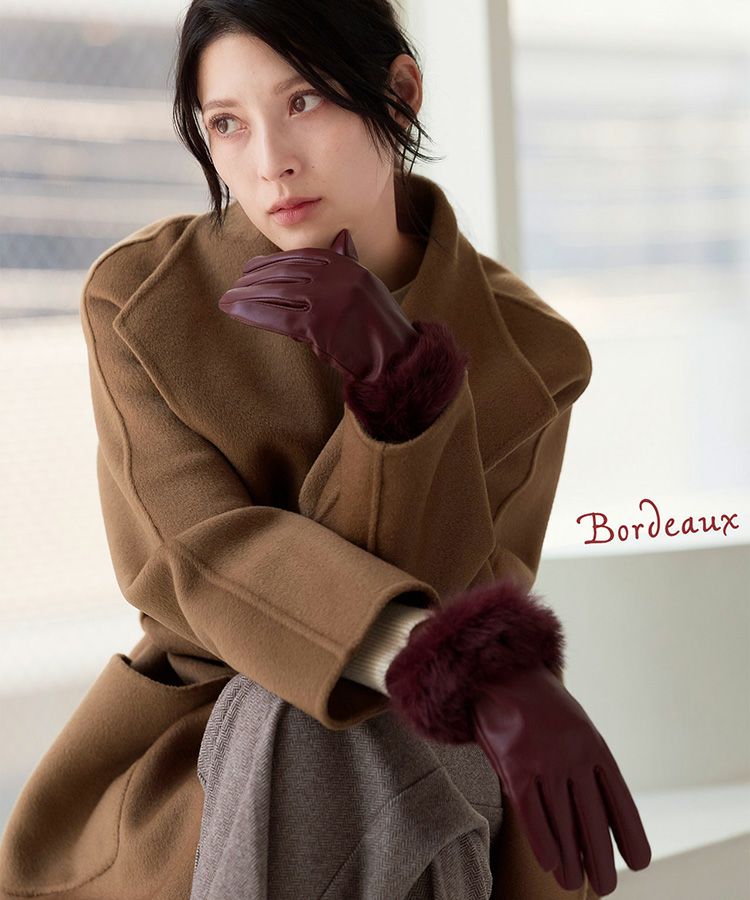 ラム レザー グローブ スマホ対応 手袋 ラビット ファー トリミング