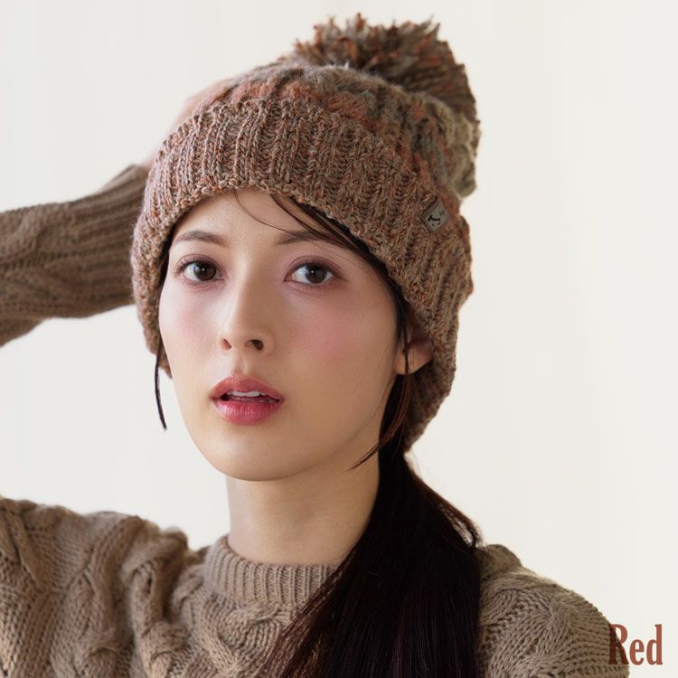 ニット帽イタリア糸ぽんぽん付き帽子レディースレッド
