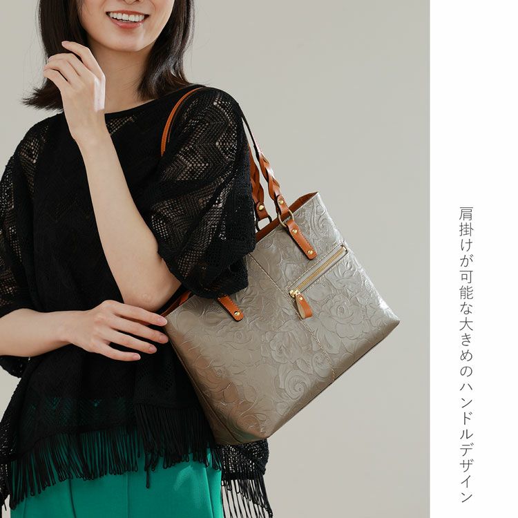 MS♪本革薔薇トートバッグ♪ Jamale 本革 ローズ柄 型押し トートバッグ 日本製 4FB