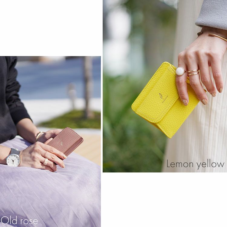mienoスピラレザーミニ財布レモンイエローオールドローズ