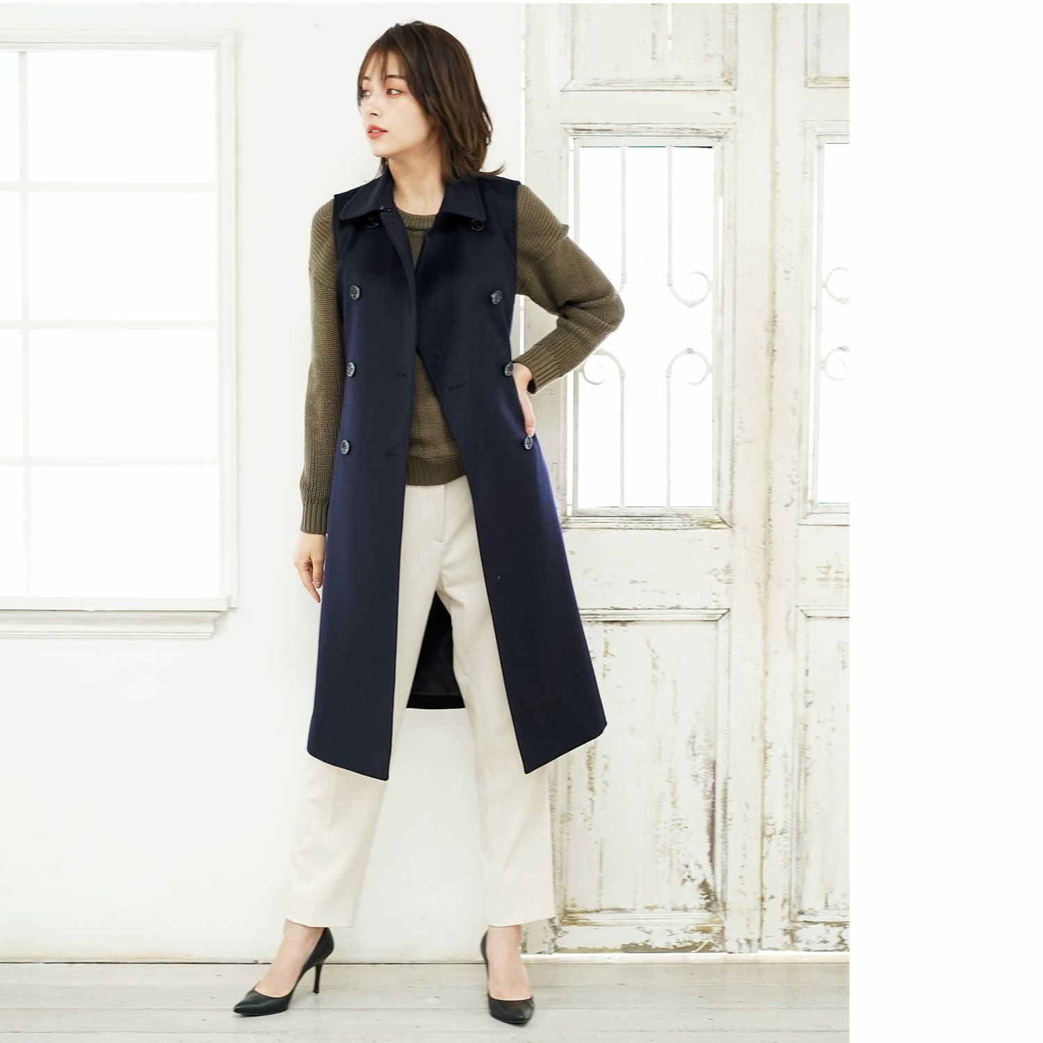 ティビ 24SS ベスト ロング ウール混 XS 紺 /MI ■OS ■SH Filomo カシミヤ混 ウール ロング ベスト ダブル(No.02000302) 6F