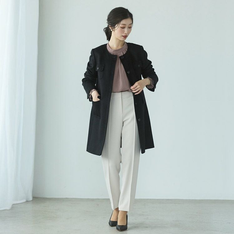 カシミヤ100％ノーカラーコートAライン85cmレディースブラック