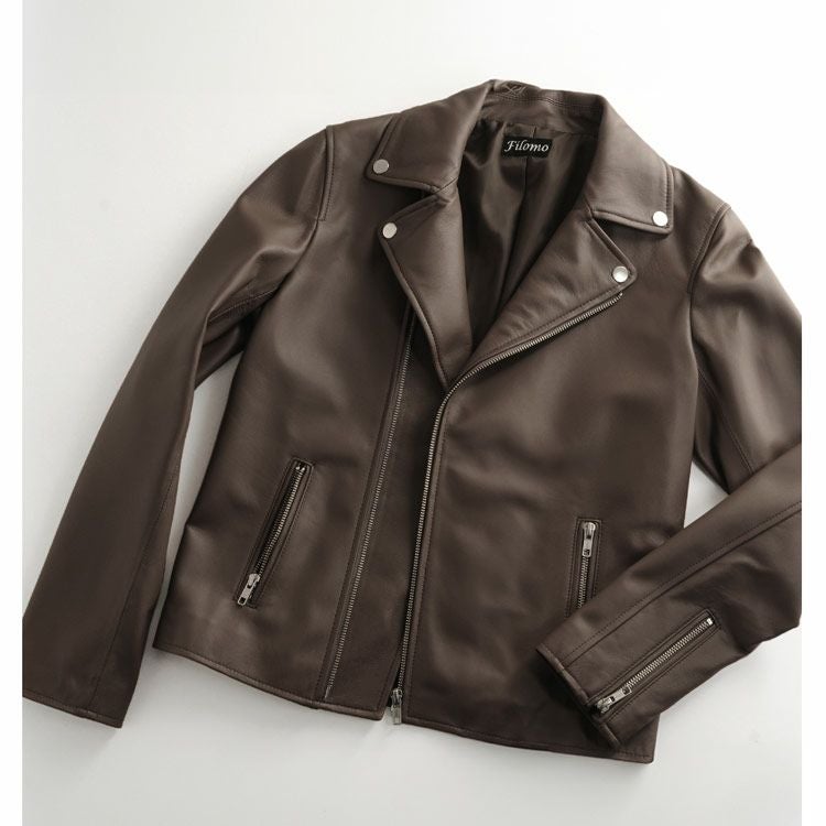 Filomo/フィローモラムレザーダブルライダースジャケットレディースナッパ加工秋冬ブラウン/ブラック本革バイカー大人アウター
