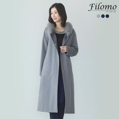 ファー衿付きシルクロングコート ファー襟付ケープロングコート[品番 