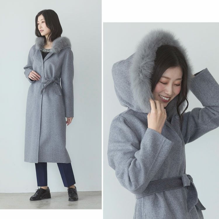 カシミヤ ブレンド ウール ロング コート ダブルフェイス フォックス