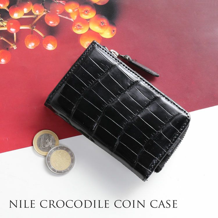 クロコダイル 本革 小銭入 パース ブラック シャイニング加工 化粧箱付き クロコダイル キーケース シャイニング 加工 小銭入れ 付き ブラック 4FA