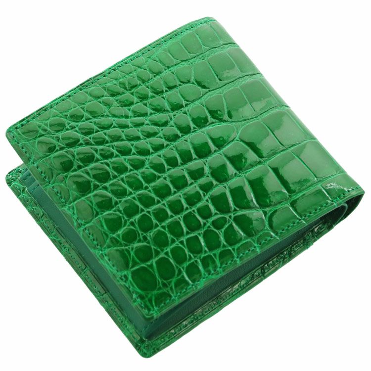 本日まで 先着1名様限りクロコダイル 財布 本物 シャイニング加工 グリーン 緑 クロコダイル 折り財布 シャイニング加工 日本製 小銭入れ付き