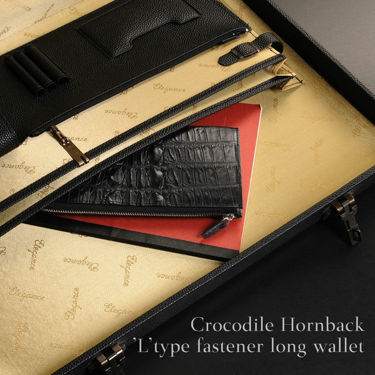 クロコダイル 長財布 ホーンバック L字ファスナー レディース ワイン