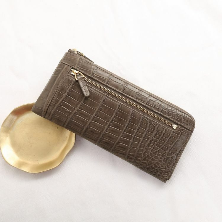 クロコダイル マット L字ファスナー 長財布 レディース 薄い