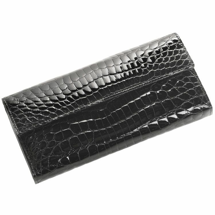 【専用】一枚革 シャイニング加工 ブラック クロコダイル 財布 長財布 本物 クロコダイル 長財布 レディース 日本製 かぶせ 背面L字ファスナー